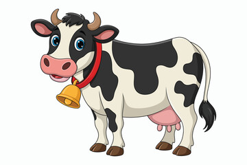 Cute cartoon cow with a red collar and golden bell on white background