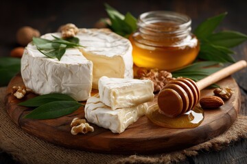Brie style cheese Camembert Fresh sliced Brie served with nuts honey and leaves on a wooden platter Italian French cheese