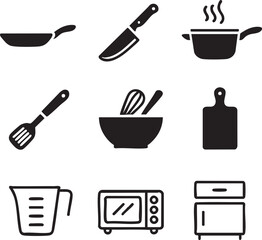 Kitchen utensils and appliances icon set black silhouette vector illustration for culinary design projects minimalist style collection