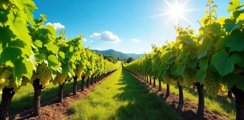 Fototapeta premium Sun-drenched Grapevines Ready for Harvest Lush Vineyard Landscape Under a Clear Blue Sky