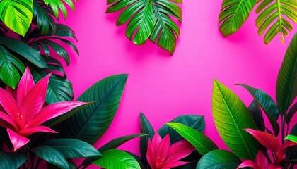Vibrant neon pink and green backdrop with lush tropical leaves,  illustration,  illustration