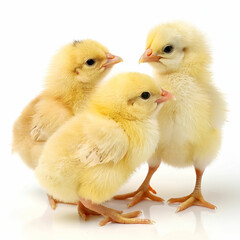 Obraz premium Three fluffy yellow chicks stand closely together, isolated on a clean white background.