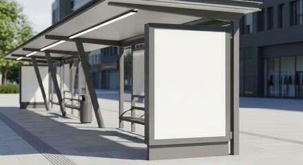 Modern bus stop shelter with blank advertising space, benches, and a trash can, set against a building backdrop.