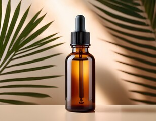 Fototapeta premium amber dropper bottle with blank label on beige tabletop and blurred palm leaves n natural skincare cosmetic packaging mock up