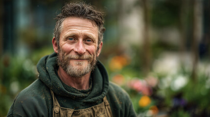 A middle-aged Caucasian man with a beard smiles in a garden setting. He wears a dark hoodie and an apron, surrounded by colorful flowers. Labor Day theme.