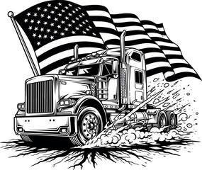 American semi-truck with a waving USA flag, black and white vector illustration.