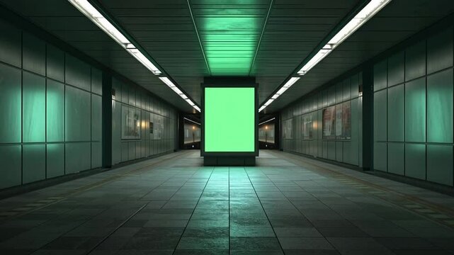 Empty subway tunnel with a vertical green screen billboard in the center, ideal for urban advertising mockups and digital signage