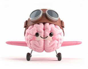 Kawaii brain airplane character with goggles and a smile. 3D Emoji