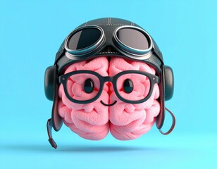 Cheerful brain wearing glasses and a pilot helmet against a blue background. 3D Emoji