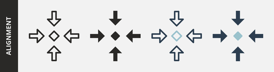 Alignment Icon Set Multiple Style Collection. Contains Outline, Glyph, Outline Blue and Glyph Blue Style Icons