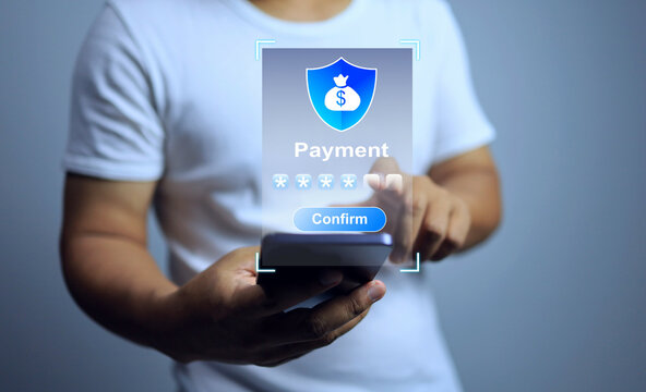 Digital wallet concept with a man using smart phone enter password for access to money account and transaction payment online shoping