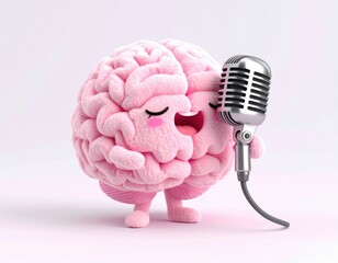 Cute brain character singing into a microphone. 3D Emoji