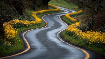 Fototapeta premium Winding road through a field of yellow flowers
