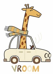 Drawing of cute friendly giraffe traveling by car towards adventure on fun summer vacation