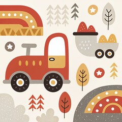 Bright little cute tractor harvesting. Illustration on the theme of nature, harvesting, seasons, agricultural work