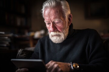 Elderly man with gray hair using a professional tablet and smart watch