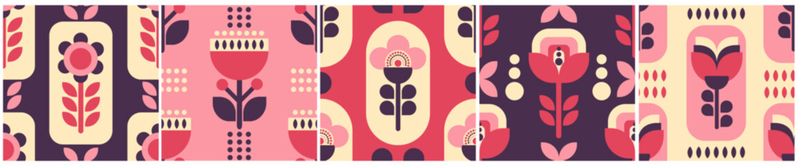 Pink rustic folk floral seamless pattern set with traditional decorative elements. Perfect for surface design, textile, wrapping paper, wallpaper, fabric prints, and vintage-inspired projects