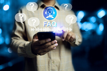 frequently asked question concept with customer using smart phone to question the chat bot for...