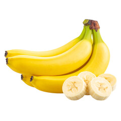 A bunch of ripe yellow bananas with three banana slices placed beside them.