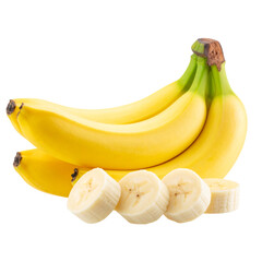 A bunch of ripe yellow bananas with three banana slices placed in front.