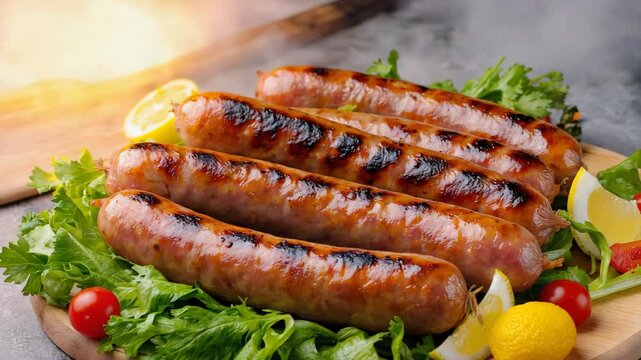 Grilled sausages, Kebapche, Close-up shot of sizzling kebapche served with salad, Vibrant colors of grilled meats and fresh greens
