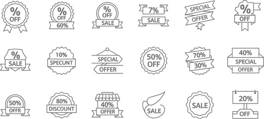 Collection of various sale and discount badge icons in black and white