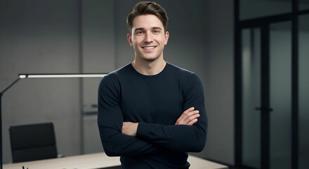 Confident Young Man Smiling, Arms Crossed, Modern Office Background