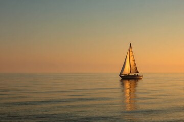 Fototapeta premium A calm view of a sailboat moving over a golden horizon bathed in warm sunrise or sunset light fosters a soothing ambiance