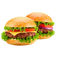 Two juicy cheeseburgers with lettuce, tomato, and onion on sesame seed buns.
