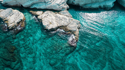 Aerial view of white rocky coastline in Syria. Rocks on coast beautiful sea bay at Latakia beach. Natural landscapes by the sea. © Mohammad Bash