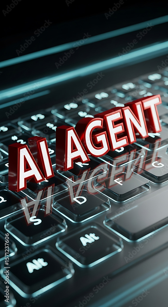 Poster 3d render of the text ai agent resting on a laptop keyboard in close up