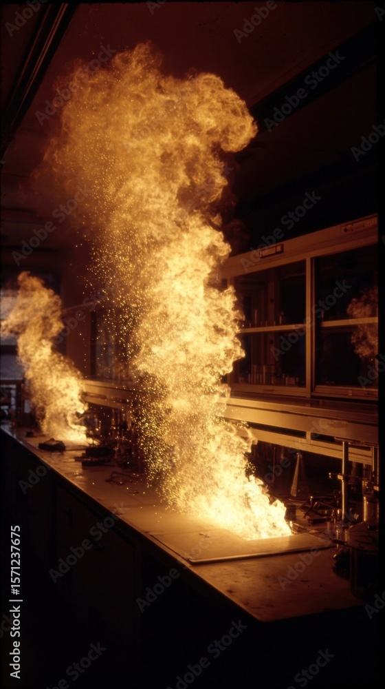Poster a dramatic display of fire and sparks from a combustion reaction in a laboratory emphasizing the imp