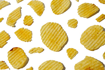 Crispy potato chips on white background. Unhealthy fast food. Salted slices texture. High-calorie meal, eating.