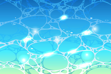 Colorful abstract water ripple surface with sunlight reflections. Blue and green tones with dynamic organic shapes suggest a peaceful aquatic environment.