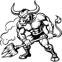 Fierce minotaur warrior holding a trident with smoke silhouette