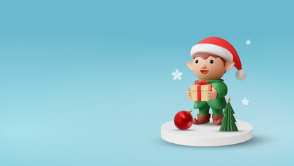 3D illustration vector render of little elf wearing santa hat holding gift box, Christmas festival, red ball, Christmas tree and snowflakes. Concept of warmth and happiness during the holidays.