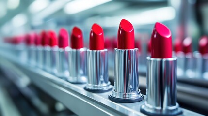 Row of Vibrant Red Lipsticks Modern Cosmetic Production