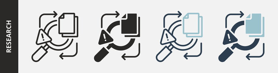 Research Icon Set Multiple Style Collection. Contains Outline, Glyph, Outline Blue and Glyph Blue Style Icons