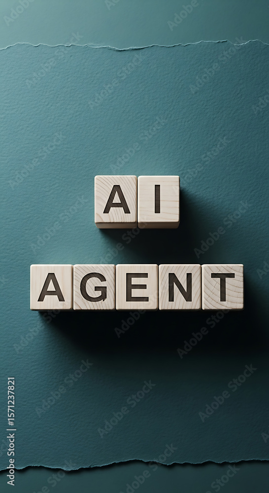 Poster artificial intelligence agent concept presented with wooden blocks on a textured teal background