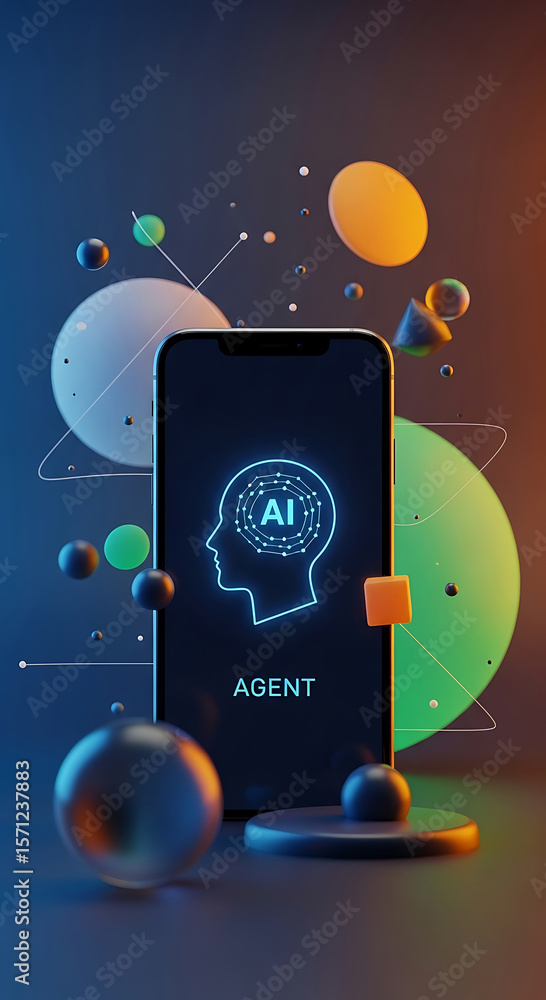 Poster artificial intelligence agent represented on a smartphone screen with geometric shapes background