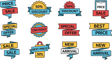 A collection of colorful sale and discount banners with various designs