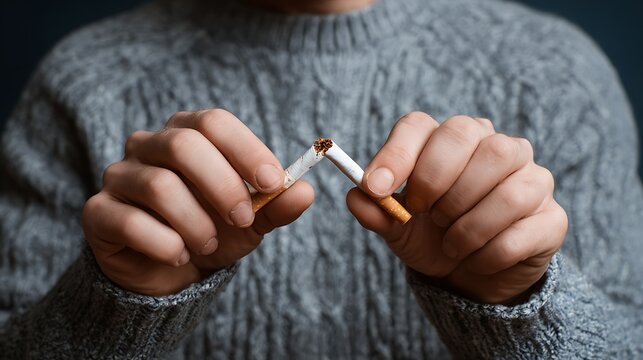 Hands break a cigarette in half, showing concept for quitting smoking and living a healthy lifestyle with fresh air.