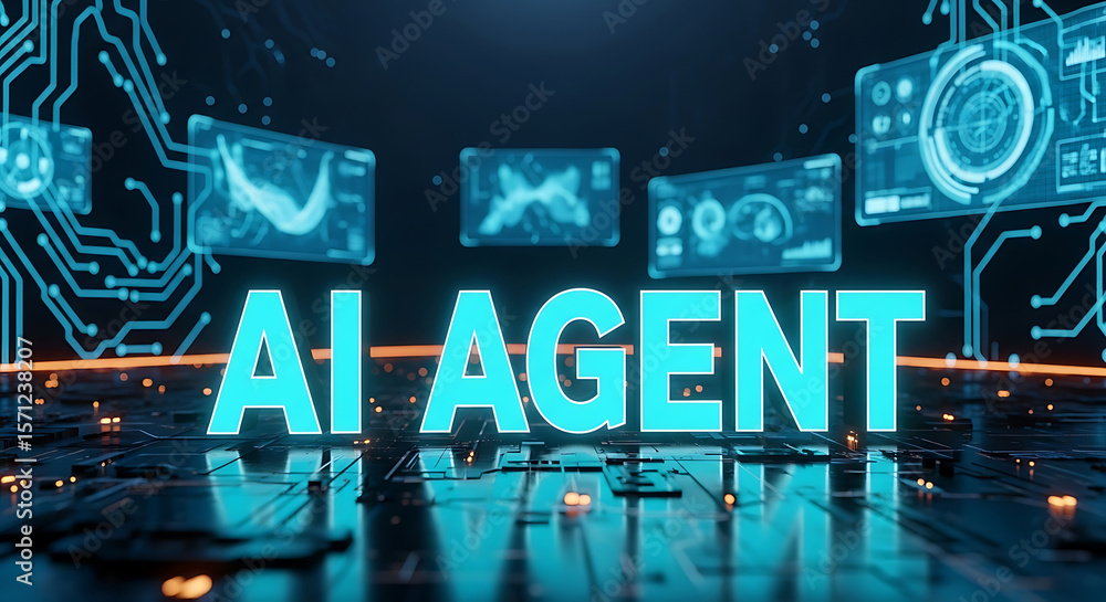 Poster futuristic ai agent concept displayed on a computer board with data screens