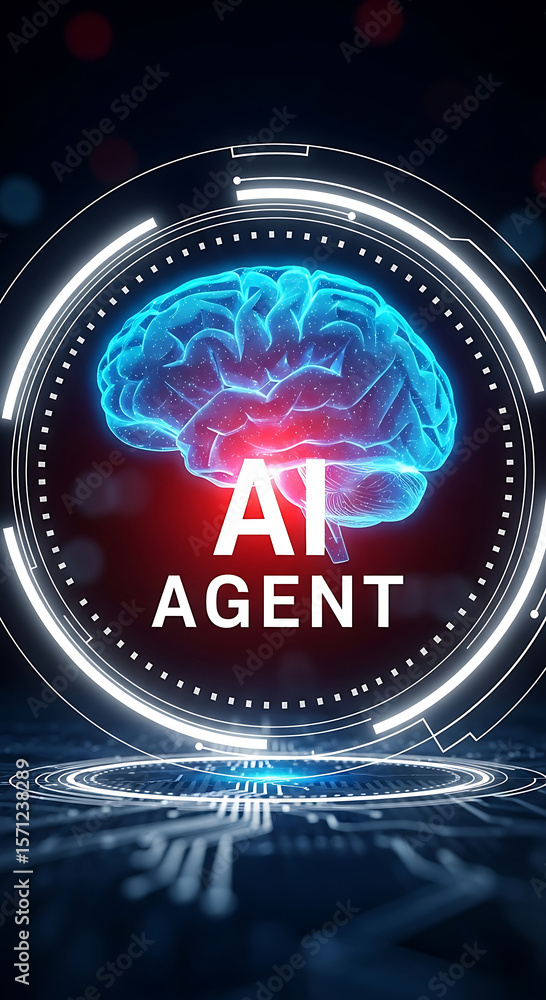Poster futuristic ai agent concept with a glowing brain and digital interface visualization
