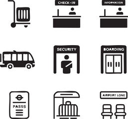 Simple black and white airport icon set featuring security boarding check in and transportation graphics