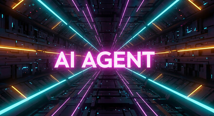 Fototapeta premium Futuristic ai agent in a glowing digital tunnel with neon and technological design