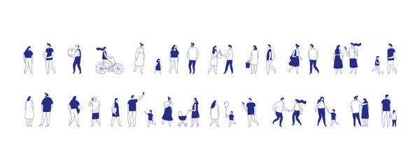 Monochrome stylized flat characters in line art, showing daily activities like walking, chatting, shopping, and cycling. Clean vector bundle for editorial, UI, or marketing visuals.