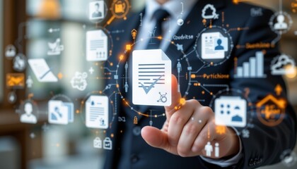 businessman touching approved document icon on digital documents for approve business project proposals. quality assurance and online evaluation of business concept.