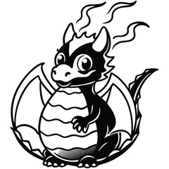 Cute baby dragon emerging from its egg with stylized flames silhouette