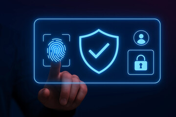 Fingerprint Authentication Interface with Biometric Verification, Digital Security Icons, and Futuristic Access Control Technology